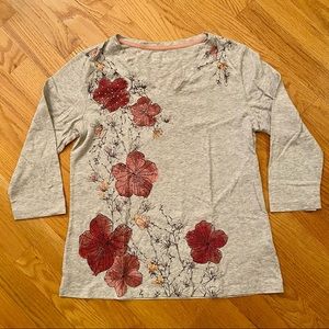 Grey Red Pink Floral 3/4 Sleeve V Neck T Shirt S